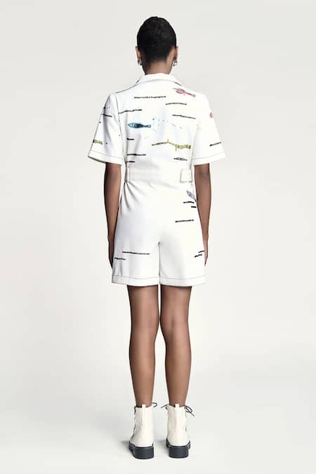 Shop Shahin Mannan White Gabardine Embroidery Collared Fish And Prawn Jumpsuit at Aza Fashions Shop_Shahin Mannan_White Gabardine Embroidery Collared Fish And Prawn Jumpsuit _at_Aza_Fashions
