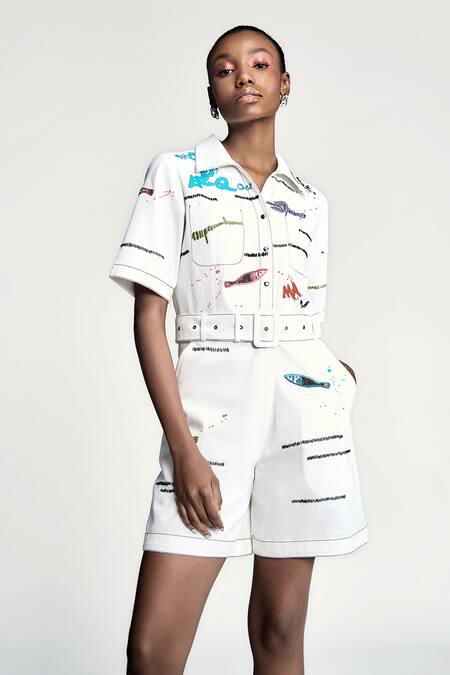 Shop Shahin Mannan White Gabardine Embroidery Collared Fish And Prawn Jumpsuit Online at Aza Fashions Shop_Shahin Mannan_White Gabardine Embroidery Collared Fish And Prawn Jumpsuit _Online_at_Aza_Fashions