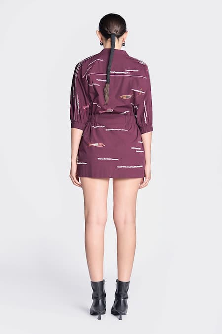 Shop Shahin Mannan Wine Poplin Embroidery V-neck Fish And Prawn Jacket Dress at Aza Fashions Shop_Shahin Mannan_Wine Poplin Embroidery V-neck Fish And Prawn Jacket Dress _at_Aza_Fashions