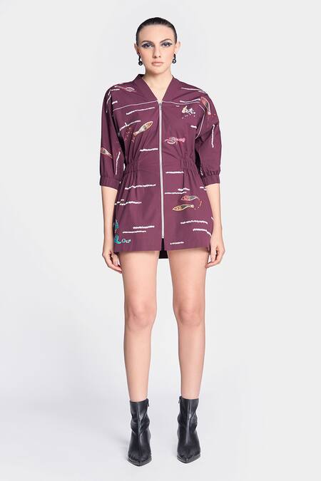 Buy Shahin Mannan Wine Poplin Embroidery V-neck Fish And Prawn Jacket Dress Online at Aza Fashions Buy_Shahin Mannan_Wine Poplin Embroidery V-neck Fish And Prawn Jacket Dress _Online_at_Aza_Fashions