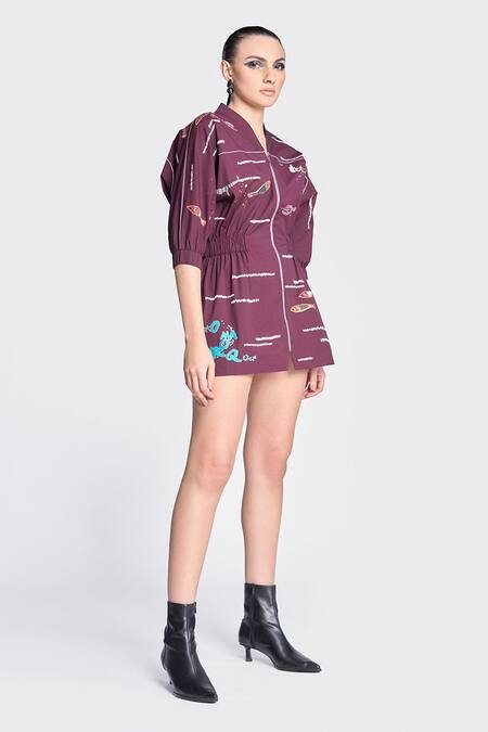 Shop Shahin Mannan Wine Poplin Embroidery V-neck Fish And Prawn Jacket Dress Online at Aza Fashions Shop_Shahin Mannan_Wine Poplin Embroidery V-neck Fish And Prawn Jacket Dress _Online_at_Aza_Fashions
