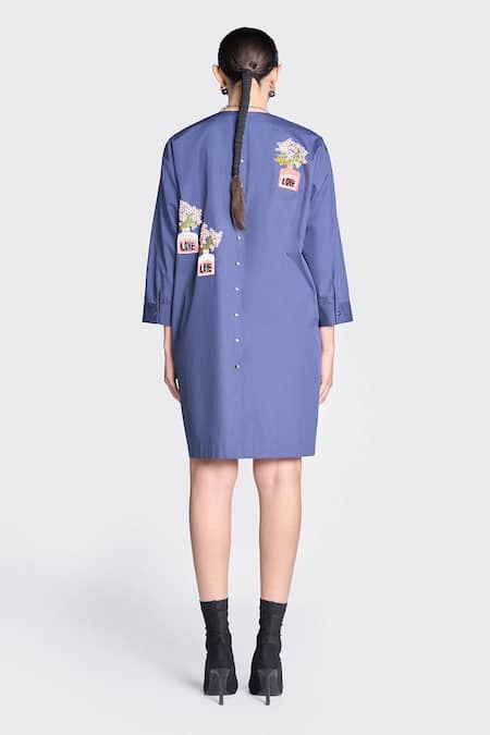 Shop Shahin Mannan Blue Poplin Embroidery Round Neck Inkpot High Low Shirt Dress at Aza Fashions Shop_Shahin Mannan_Blue Poplin Embroidery Round Neck Inkpot High Low Shirt Dress _at_Aza_Fashions
