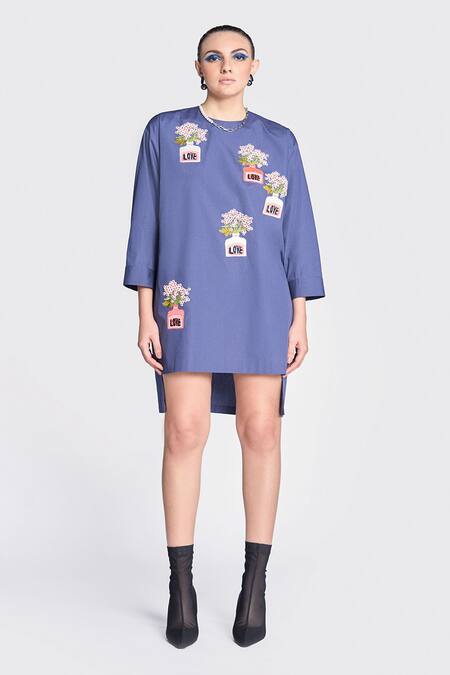Shahin Mannan Blue Poplin Embroidery Round Neck Inkpot High Low Shirt Dress Online at Aza Fashions Shahin Mannan_Blue Poplin Embroidery Round Neck Inkpot High Low Shirt Dress _Online_at_Aza_Fashions