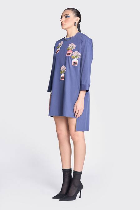 Buy Shahin Mannan Blue Poplin Embroidery Round Neck Inkpot High Low Shirt Dress Online at Aza Fashions Buy_Shahin Mannan_Blue Poplin Embroidery Round Neck Inkpot High Low Shirt Dress _Online_at_Aza_Fashions