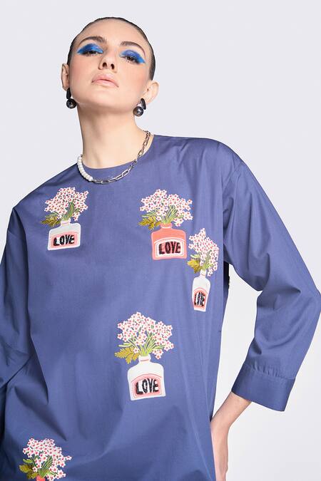 Shop Shahin Mannan Blue Poplin Embroidery Round Neck Inkpot High Low Shirt Dress Online at Aza Fashions Shop_Shahin Mannan_Blue Poplin Embroidery Round Neck Inkpot High Low Shirt Dress _Online_at_Aza_Fashions