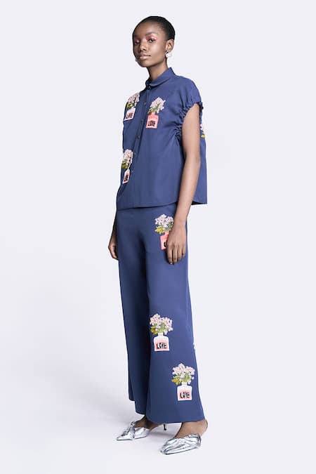 Shahin Mannan Blue Crepe Embroidery Collared Floral Inkpot Top And Pant Set Online at Aza Fashions Shahin Mannan_Blue Crepe Embroidery Collared Floral Inkpot Top And Pant Set _Online_at_Aza_Fashions