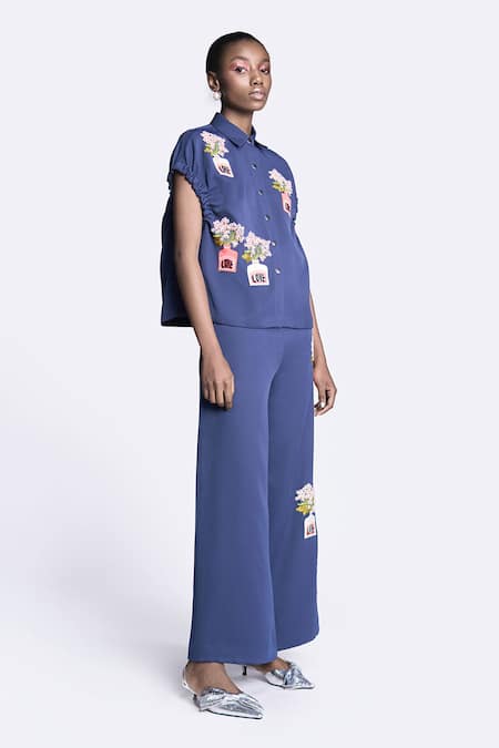Buy Shahin Mannan Blue Crepe Embroidery Collared Floral Inkpot Top And Pant Set Online at Aza Fashions Buy_Shahin Mannan_Blue Crepe Embroidery Collared Floral Inkpot Top And Pant Set _Online_at_Aza_Fashions