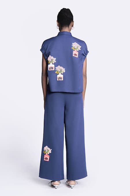 Shop Shahin Mannan Blue Crepe Embroidery Inkpot Satin Patch Pant at Aza Fashions Shop_Shahin Mannan_Blue Crepe Embroidery Inkpot Satin Patch Pant _at_Aza_Fashions