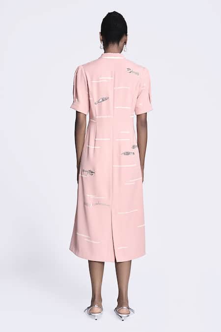 Shop Shahin Mannan Pink Crepe Embroidery Collared Fish And Prawn Puff Sleeve Dress at Aza Fashions Shop_Shahin Mannan_Pink Crepe Embroidery Collared Fish And Prawn Puff Sleeve Dress _at_Aza_Fashions