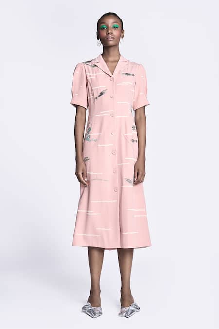 Shahin Mannan Pink Crepe Embroidery Collared Fish And Prawn Puff Sleeve Dress Online at Aza Fashions Shahin Mannan_Pink Crepe Embroidery Collared Fish And Prawn Puff Sleeve Dress _Online_at_Aza_Fashions