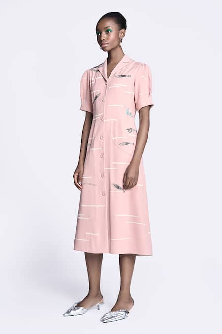 Buy Shahin Mannan Pink Crepe Embroidery Collared Fish And Prawn Puff Sleeve Dress Online at Aza Fashions Buy_Shahin Mannan_Pink Crepe Embroidery Collared Fish And Prawn Puff Sleeve Dress _Online_at_Aza_Fashions