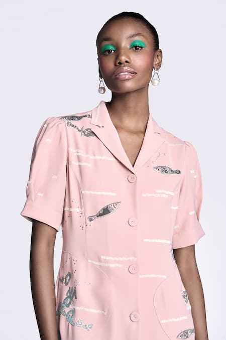 Shop Shahin Mannan Pink Crepe Embroidery Collared Fish And Prawn Puff Sleeve Dress Online at Aza Fashions Shop_Shahin Mannan_Pink Crepe Embroidery Collared Fish And Prawn Puff Sleeve Dress _Online_at_Aza_Fashions