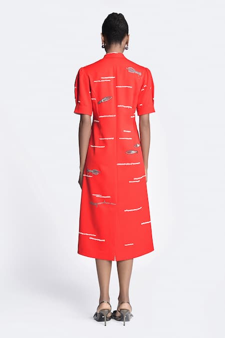 Shop Shahin Mannan Red Crepe Embroidery Collared Fish And Prawn Midi Shirt Dress at Aza Fashions Shop_Shahin Mannan_Red Crepe Embroidery Collared Fish And Prawn Midi Shirt Dress _at_Aza_Fashions