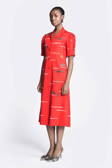 Shahin Mannan Red Crepe Embroidery Collared Fish And Prawn Midi Shirt Dress Online at Aza Fashions Shahin Mannan_Red Crepe Embroidery Collared Fish And Prawn Midi Shirt Dress _Online_at_Aza_Fashions