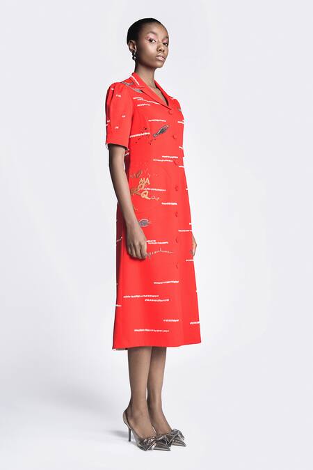 Buy Shahin Mannan Red Crepe Embroidery Collared Fish And Prawn Midi Shirt Dress Online at Aza Fashions Buy_Shahin Mannan_Red Crepe Embroidery Collared Fish And Prawn Midi Shirt Dress _Online_at_Aza_Fashions