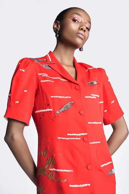 Shop Shahin Mannan Red Crepe Embroidery Collared Fish And Prawn Midi Shirt Dress Online at Aza Fashions Shop_Shahin Mannan_Red Crepe Embroidery Collared Fish And Prawn Midi Shirt Dress _Online_at_Aza_Fashions