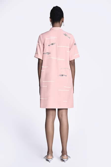 Shop Shahin Mannan Pink Crepe Embroidery Collared Fish And Prawn Shift Dress at Aza Fashions Shop_Shahin Mannan_Pink Crepe Embroidery Collared Fish And Prawn Shift Dress _at_Aza_Fashions