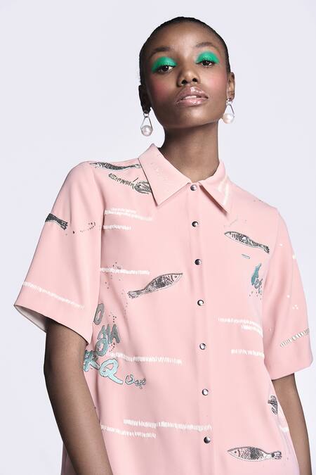 Shop Shahin Mannan Pink Crepe Embroidery Collared Fish And Prawn Shift Dress Online at Aza Fashions Shop_Shahin Mannan_Pink Crepe Embroidery Collared Fish And Prawn Shift Dress _Online_at_Aza_Fashions