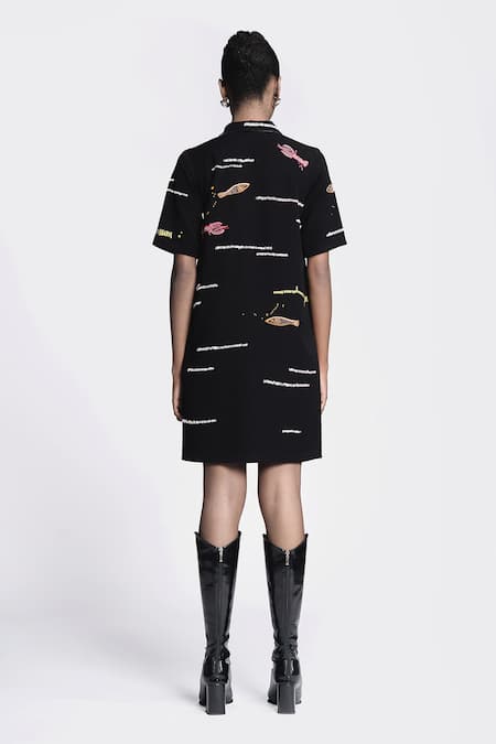 Shop Shahin Mannan Black Crepe Embroidery Collared Fish And Prawn Dress at Aza Fashions Shop_Shahin Mannan_Black Crepe Embroidery Collared Fish And Prawn Dress _at_Aza_Fashions