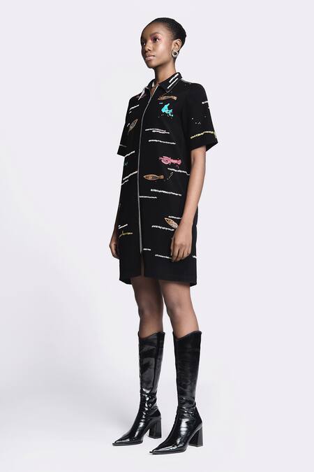 Shahin Mannan Black Crepe Embroidery Collared Fish And Prawn Dress Online at Aza Fashions Shahin Mannan_Black Crepe Embroidery Collared Fish And Prawn Dress _Online_at_Aza_Fashions