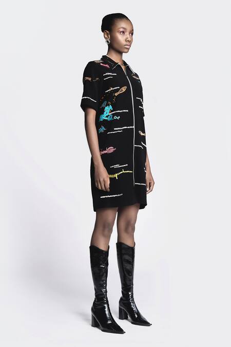 Buy Shahin Mannan Black Crepe Embroidery Collared Fish And Prawn Dress Online at Aza Fashions Buy_Shahin Mannan_Black Crepe Embroidery Collared Fish And Prawn Dress _Online_at_Aza_Fashions