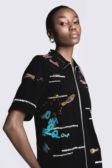 Shop Shahin Mannan Black Crepe Embroidery Collared Fish And Prawn Dress Online at Aza Fashions Shop_Shahin Mannan_Black Crepe Embroidery Collared Fish And Prawn Dress _Online_at_Aza_Fashions