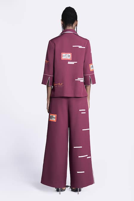 Shop Shahin Mannan Wine Crepe Embroidery Collared Shirt And Pant Set at Aza Fashions Shop_Shahin Mannan_Wine Crepe Embroidery Collared Shirt And Pant Set _at_Aza_Fashions