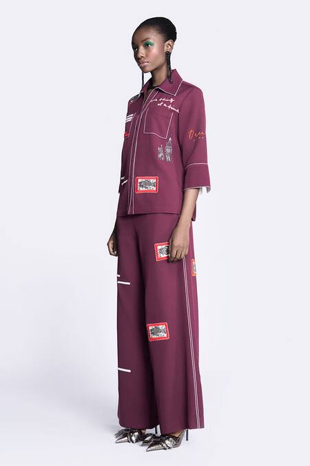 Shahin Mannan Wine Crepe Embroidery Collared Shirt And Pant Set Online at Aza Fashions Shahin Mannan_Wine Crepe Embroidery Collared Shirt And Pant Set _Online_at_Aza_Fashions