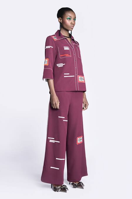 Buy Shahin Mannan Wine Crepe Embroidery Collared Shirt And Pant Set Online at Aza Fashions Buy_Shahin Mannan_Wine Crepe Embroidery Collared Shirt And Pant Set _Online_at_Aza_Fashions