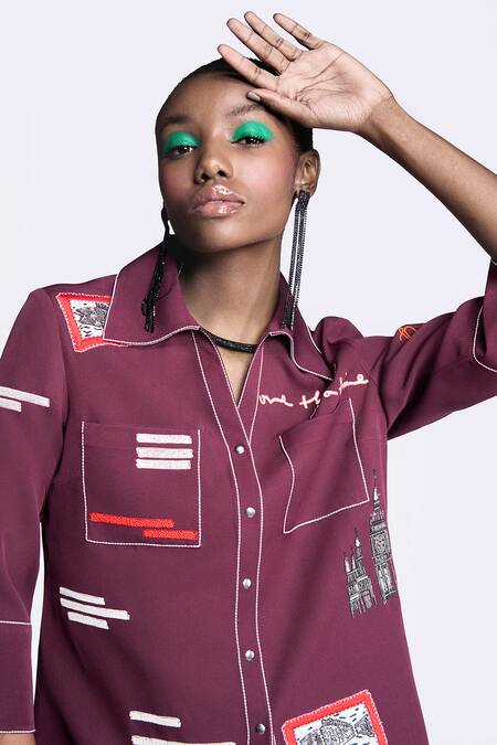 Shop Shahin Mannan Wine Crepe Embroidery Collared Shirt And Pant Set Online at Aza Fashions Shop_Shahin Mannan_Wine Crepe Embroidery Collared Shirt And Pant Set _Online_at_Aza_Fashions
