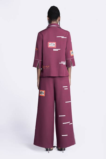 Shop Shahin Mannan Wine Crepe Embroidery Collared Half Sleeve Shirt at Aza Fashions Shop_Shahin Mannan_Wine Crepe Embroidery Collared Half Sleeve Shirt _at_Aza_Fashions