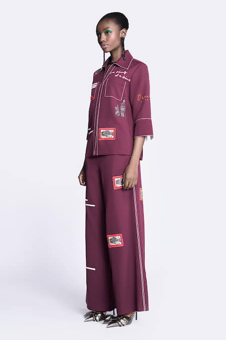 Shahin Mannan Wine Crepe Embroidery Collared Half Sleeve Shirt Online at Aza Fashions Shahin Mannan_Wine Crepe Embroidery Collared Half Sleeve Shirt _Online_at_Aza_Fashions