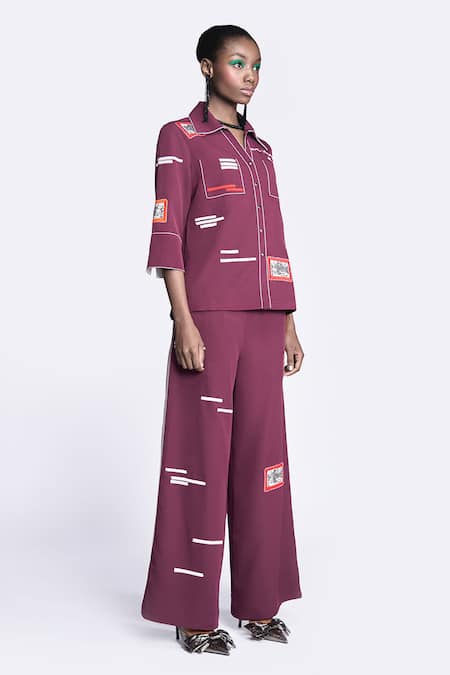 Buy Shahin Mannan Wine Crepe Embroidery Collared Half Sleeve Shirt Online at Aza Fashions Buy_Shahin Mannan_Wine Crepe Embroidery Collared Half Sleeve Shirt _Online_at_Aza_Fashions