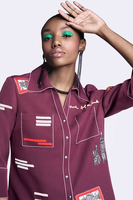 Shop Shahin Mannan Wine Crepe Embroidery Collared Half Sleeve Shirt Online at Aza Fashions Shop_Shahin Mannan_Wine Crepe Embroidery Collared Half Sleeve Shirt _Online_at_Aza_Fashions