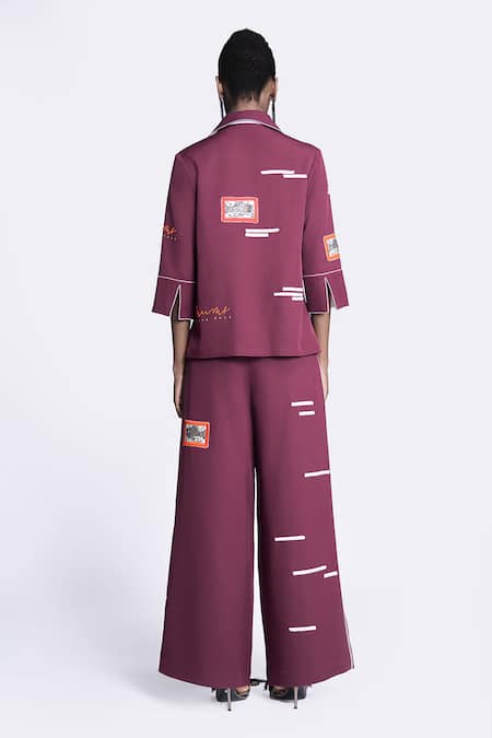 Shop Shahin Mannan Wine Crepe Embroidery Flared Pant at Aza Fashions Shop_Shahin Mannan_Wine Crepe Embroidery Flared Pant _at_Aza_Fashions