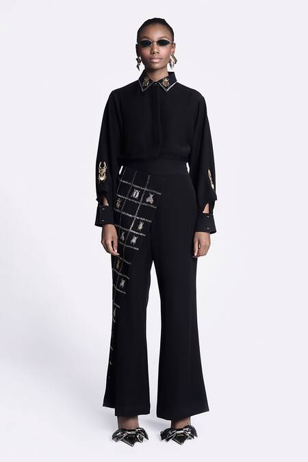 Shahin Mannan Black Japanese Crepe Embroidered Insect Collared Shirt And Pant Set