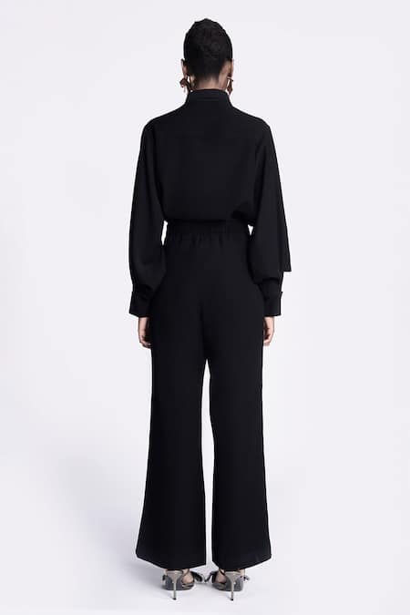 Shop Shahin Mannan Black Crepe Embroidery Collared Insect Shirt And Pant Set at Aza Fashions Shop_Shahin Mannan_Black Crepe Embroidery Collared Insect Shirt And Pant Set _at_Aza_Fashions