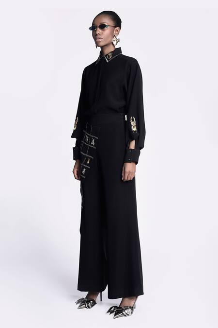 Shahin Mannan Black Crepe Embroidery Collared Insect Shirt And Pant Set Online at Aza Fashions Shahin Mannan_Black Crepe Embroidery Collared Insect Shirt And Pant Set _Online_at_Aza_Fashions