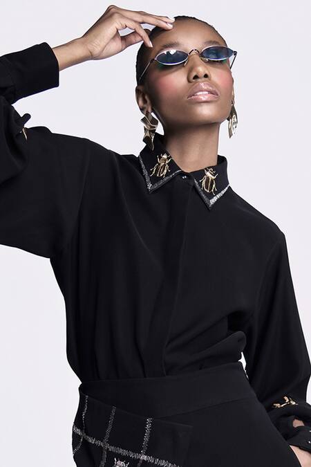 Shop Shahin Mannan Black Crepe Embroidery Collared Insect Shirt And Pant Set Online at Aza Fashions Shop_Shahin Mannan_Black Crepe Embroidery Collared Insect Shirt And Pant Set _Online_at_Aza_Fashions