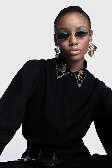 Shahin Mannan Black Crepe Embroidery Collared Insect Shirt And Pant Set at Aza Fashions Shahin Mannan_Black Crepe Embroidery Collared Insect Shirt And Pant Set _at_Aza_Fashions