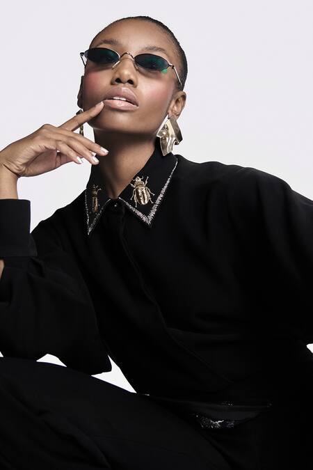 Buy Shahin Mannan Black Crepe Embroidery Collared Insect Shirt And Pant Set Buy_Shahin Mannan_Black Crepe Embroidery Collared Insect Shirt And Pant Set