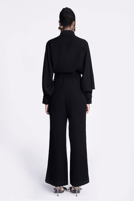 Shop_Shahin Mannan_Black Crepe Embroidery Flap Flared Pant _at_Aza_Fashions