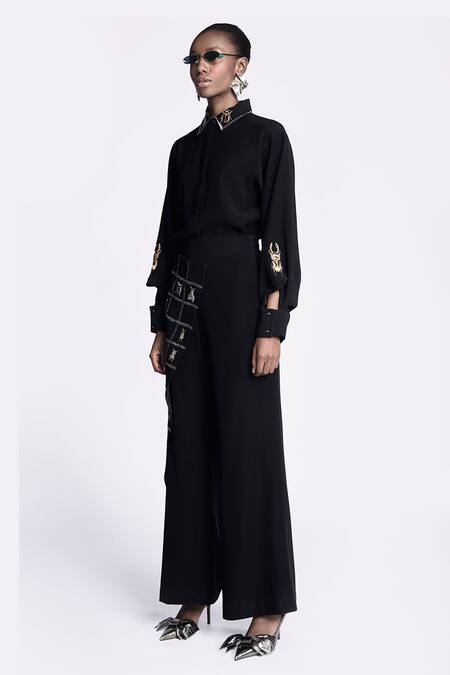 Shahin Mannan_Black Crepe Embroidery Flap Flared Pant _Online_at_Aza_Fashions