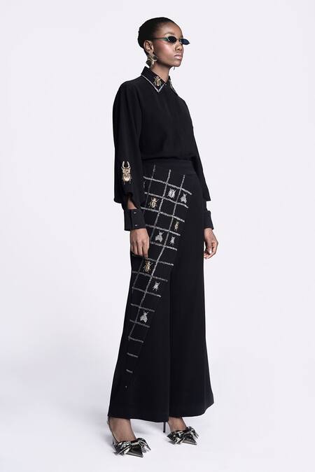 Buy_Shahin Mannan_Black Crepe Embroidery Flap Flared Pant _Online_at_Aza_Fashions