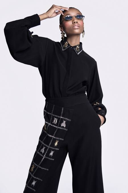 Shop_Shahin Mannan_Black Crepe Embroidery Flap Flared Pant _Online_at_Aza_Fashions
