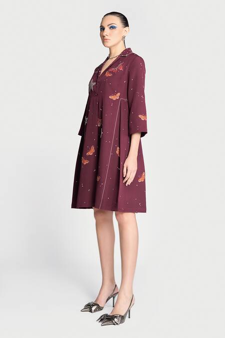 Shop Shahin Mannan Wine Crepe Embroidery Collared Panelled Waist Dress at Aza Fashions Shop_Shahin Mannan_Wine Crepe Embroidery Collared Panelled Waist Dress _at_Aza_Fashions
