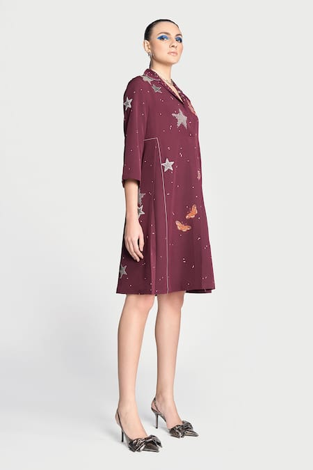 Shahin Mannan Wine Crepe Embroidery Collared Panelled Waist Dress Online at Aza Fashions Shahin Mannan_Wine Crepe Embroidery Collared Panelled Waist Dress _Online_at_Aza_Fashions