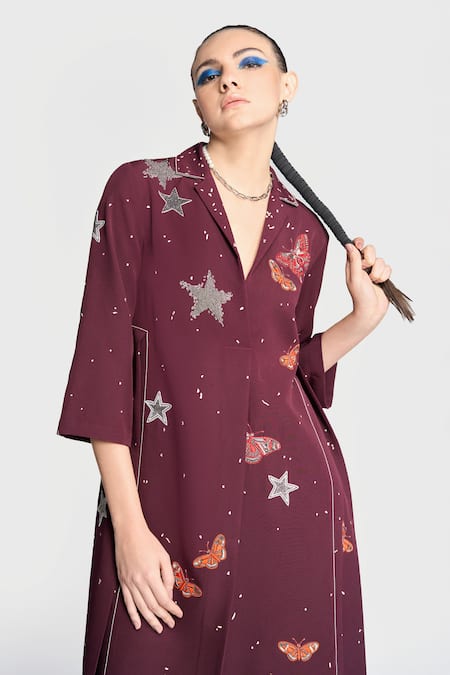 Buy Shahin Mannan Wine Crepe Embroidery Collared Panelled Waist Dress Online at Aza Fashions Buy_Shahin Mannan_Wine Crepe Embroidery Collared Panelled Waist Dress _Online_at_Aza_Fashions