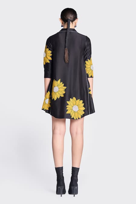 Shop Shahin Mannan Black Chanderi, Chiffon Embroidery Sunflower Applique Detailed Shirt Dress at Aza Fashions Shop_Shahin Mannan_Black Chanderi, Chiffon Embroidery Sunflower Applique Detailed Shirt Dress _at_Aza_Fashions