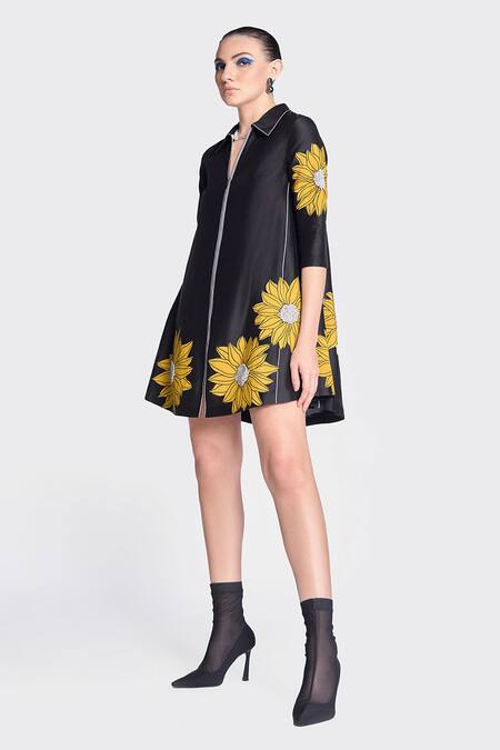 Shahin Mannan Black Chanderi, Chiffon Embroidery Sunflower Applique Detailed Shirt Dress Online at Aza Fashions Shahin Mannan_Black Chanderi, Chiffon Embroidery Sunflower Applique Detailed Shirt Dress _Online_at_Aza_Fashions